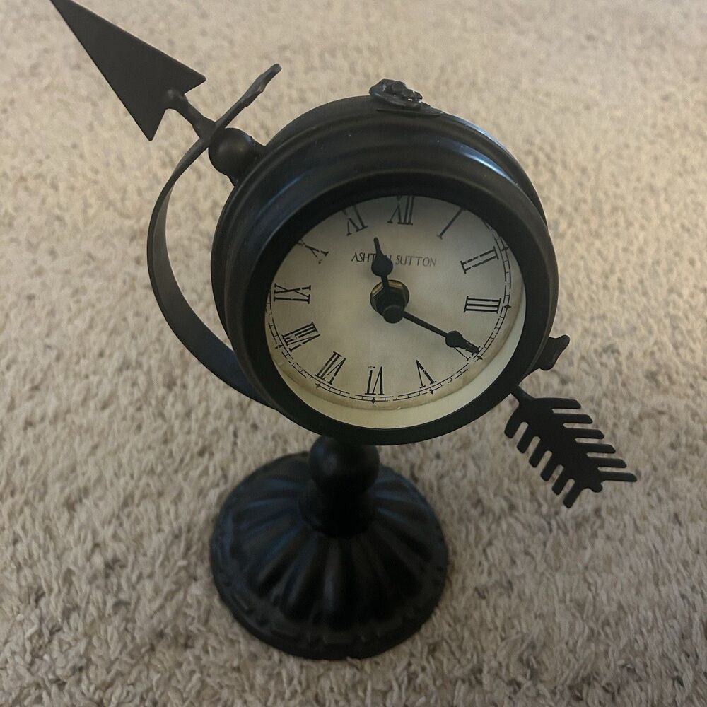 Ashton Sutton H986 Metal Table Clock  Arrow Double Sided Black- Classic Decor